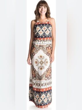 Roxy maxi dress sleeveless peasant boho bohemian paisley beach artsy summer L